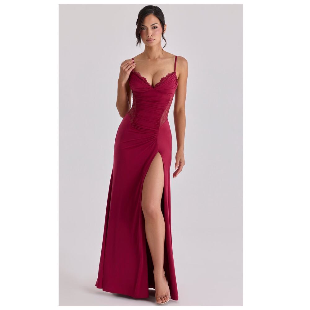 HOUSE OF CB Sabrine Wine Lace Trim Maxi Dress Size Small